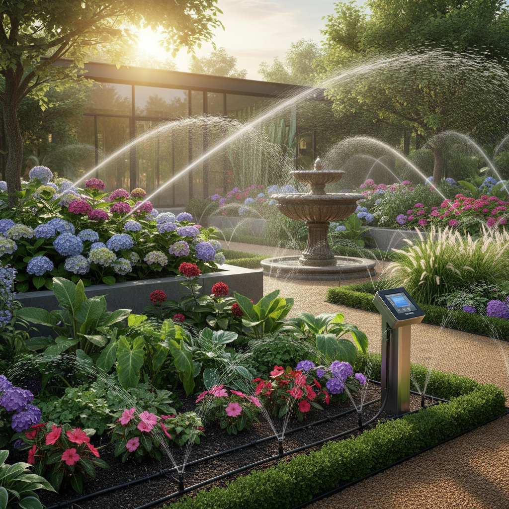 Modern otomatik sulama sistemi ile donatılmış yeşil bir bahçe