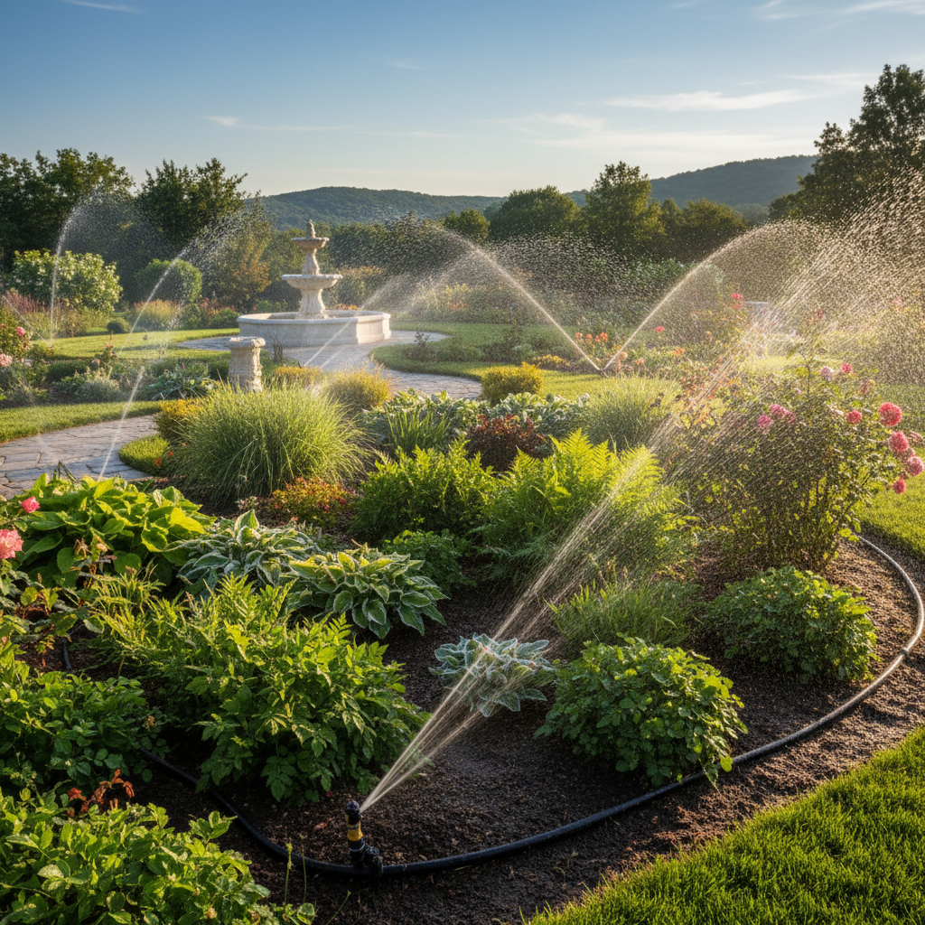 Otomatik sulama sistemleri ile sulanan yeşil bir bahçe