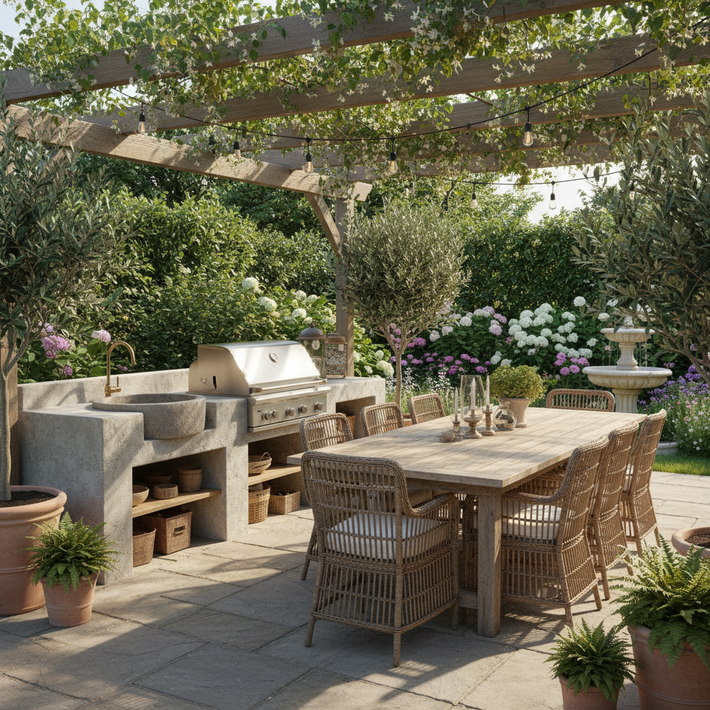 Bahçedeki şık bir dış mekan mutfak kurulumu