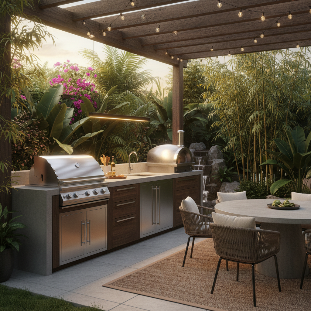Güzel bir bahçede tasarlanmış outdoor mutfak