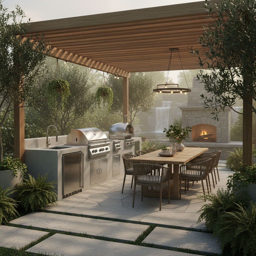Şık bir açık hava mutfak kurulumu