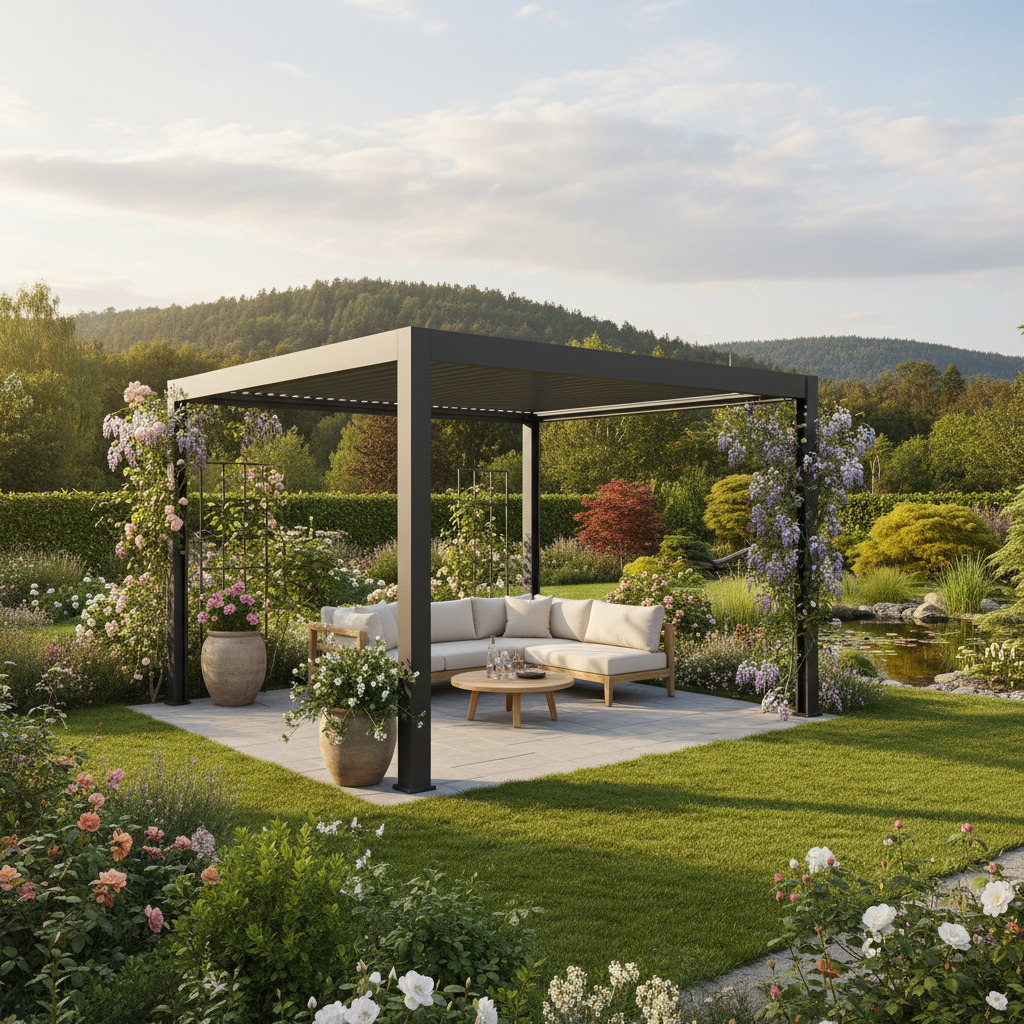 Güzel bir bahçede monte edilmiş modern pergola sistemi