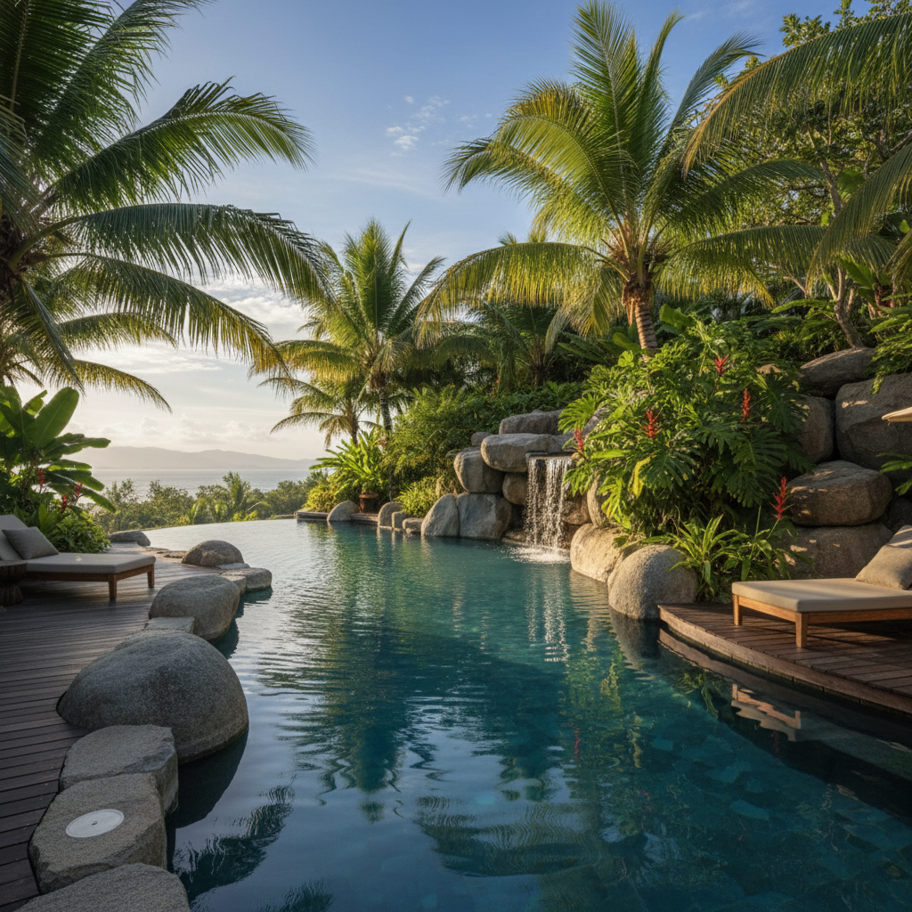 Tropikal bitkiler ile çevrili bir havuz