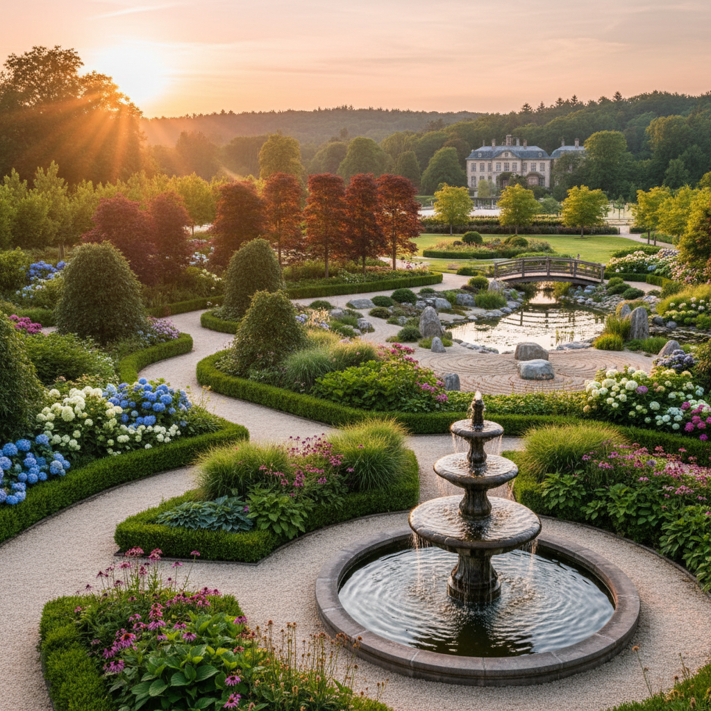 Peyzaj tasarımı örneği, çeşitli bitkiler ve su özellikleri