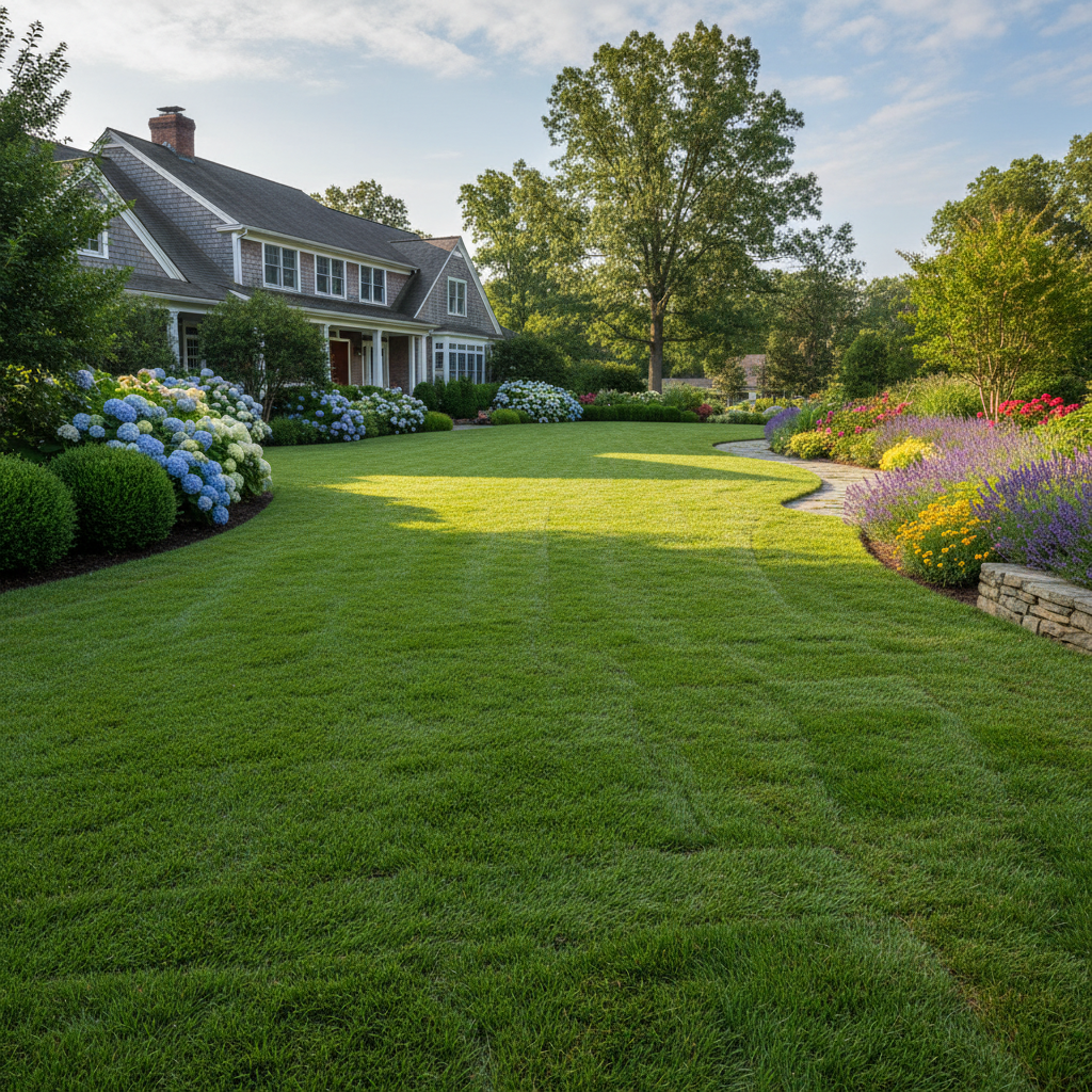 Yeni serilmiş rulo çim ile bakımlı bir bahçe