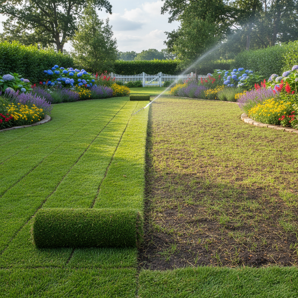 Farklı çim türlerini gösteren yeşil bir bahçe