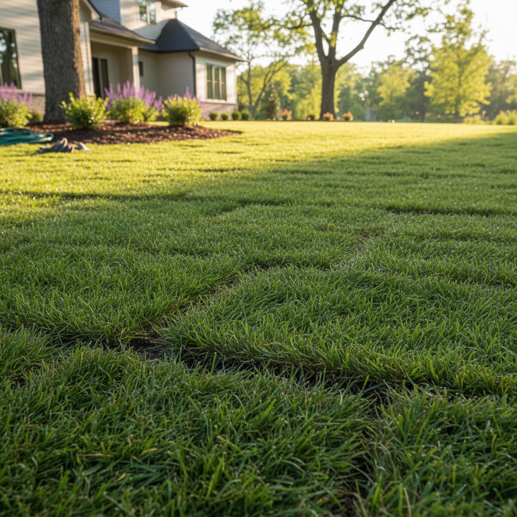 Yeşil bir çim alanı, yeni ekilmiş rulo çim.