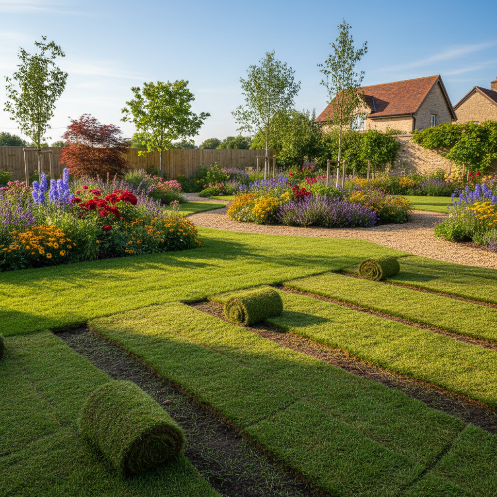 Yeni ekilmiş rulo çim ve tohum çim içeren bahçe