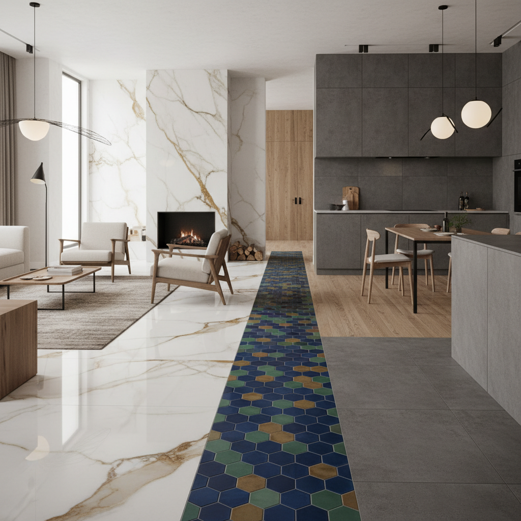 Seramik ve mermer zemin kaplama örnekleri.
