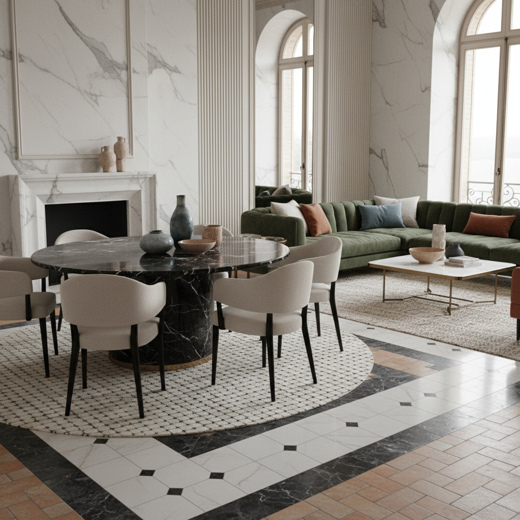 Seramik ve mermer karoların zarif bir iç mekan tasarımında kullanımı.
