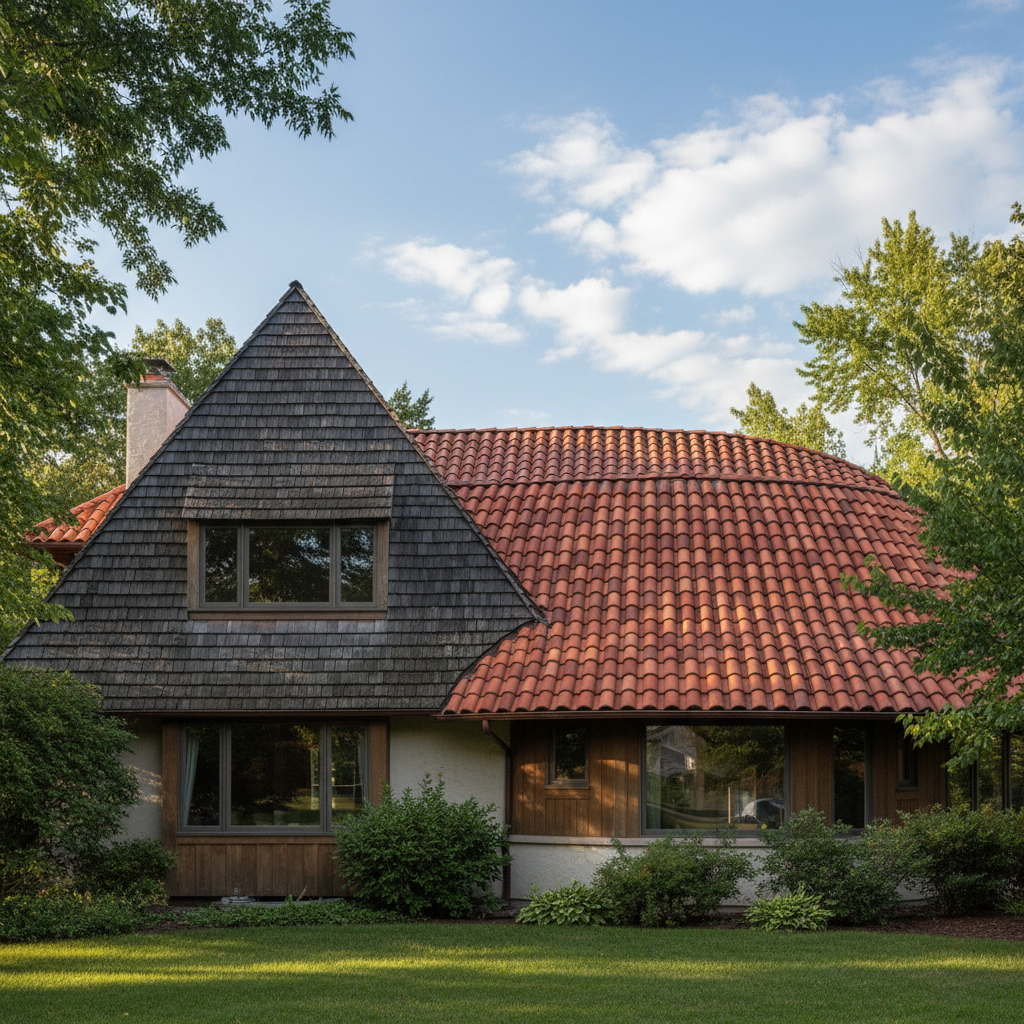 Shingle çatı ve kiremit çatıyı gösteren bir konut görüntüsü.