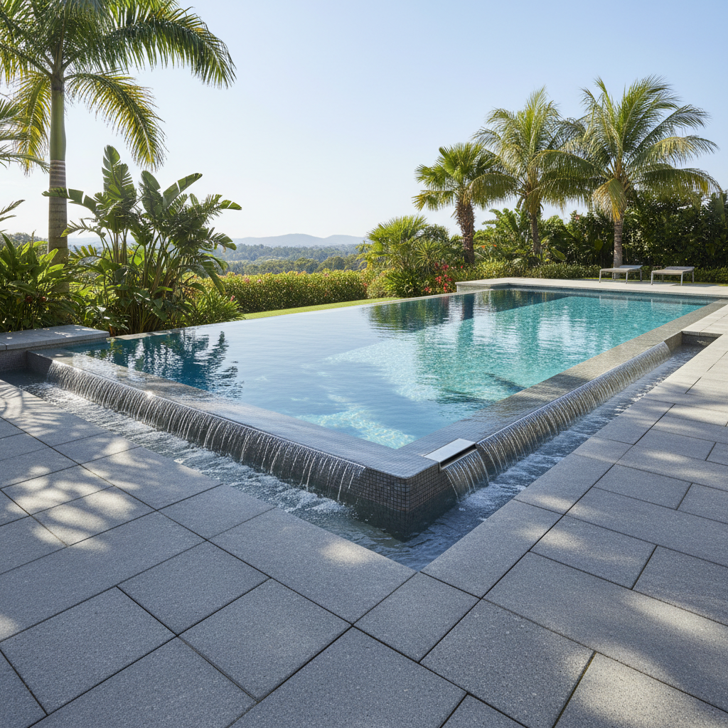 Modern havuz tasarımı, skimmer ve overflow sistemi ile.