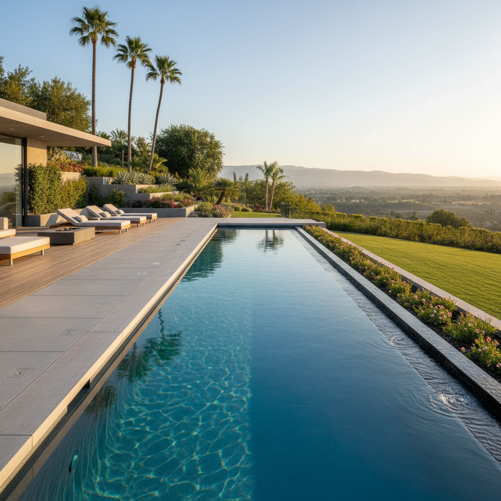 Skimmer ve overflow sistemlerini gösteren modern bir havuz.