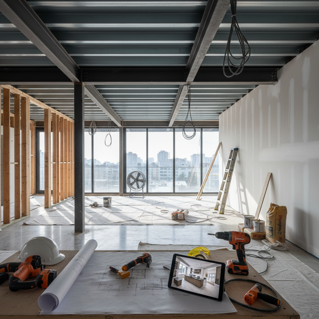 Tadilat sürecini gösteren inşaat malzemeleri ve tasarım planları