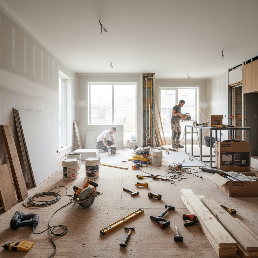 Modern bir tadilat alanında çeşitli malzeme ve aletler