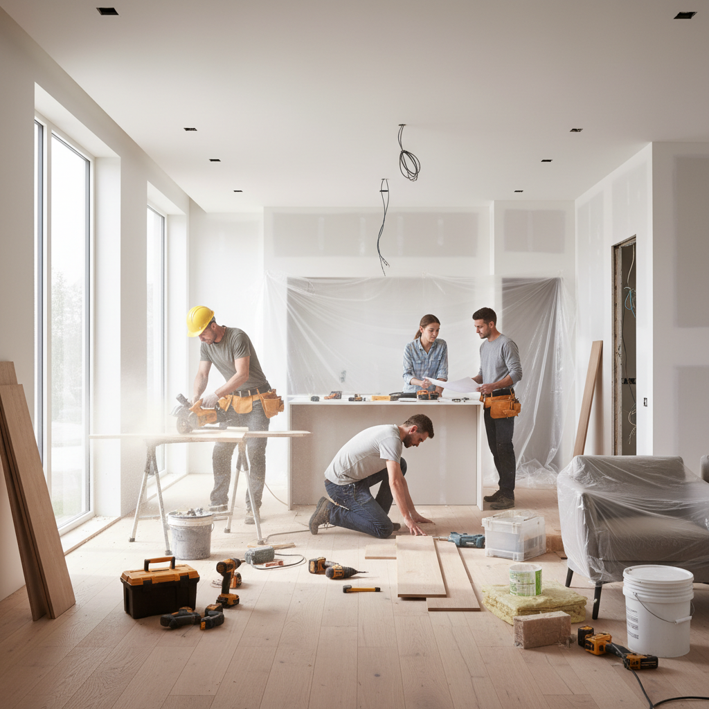 Modern ev tadilatı sahnesi, profesyonel ekip çalışması