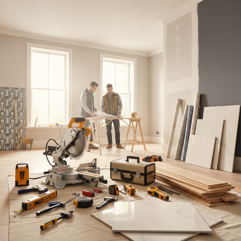 Tadilat malzemeleri ve aletleriyle dolu bir çalışma alanı