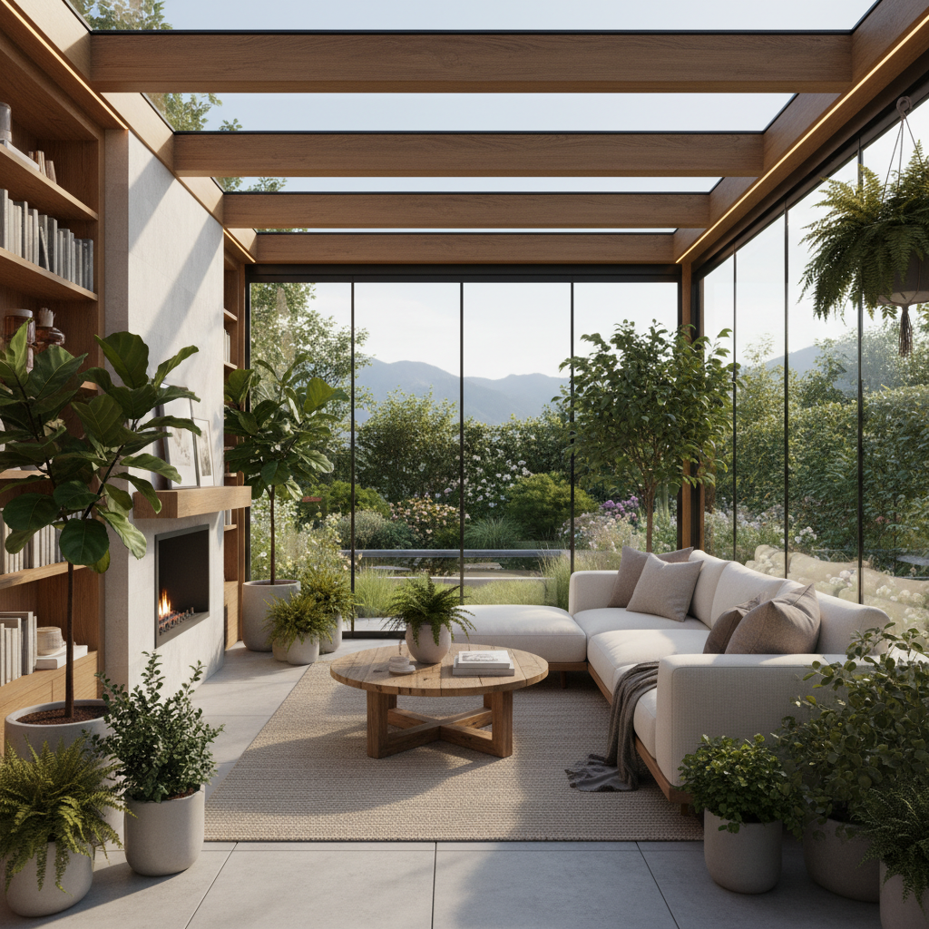 Modern teras kapatma tasarımı, cam ve ahşap unsurlarla