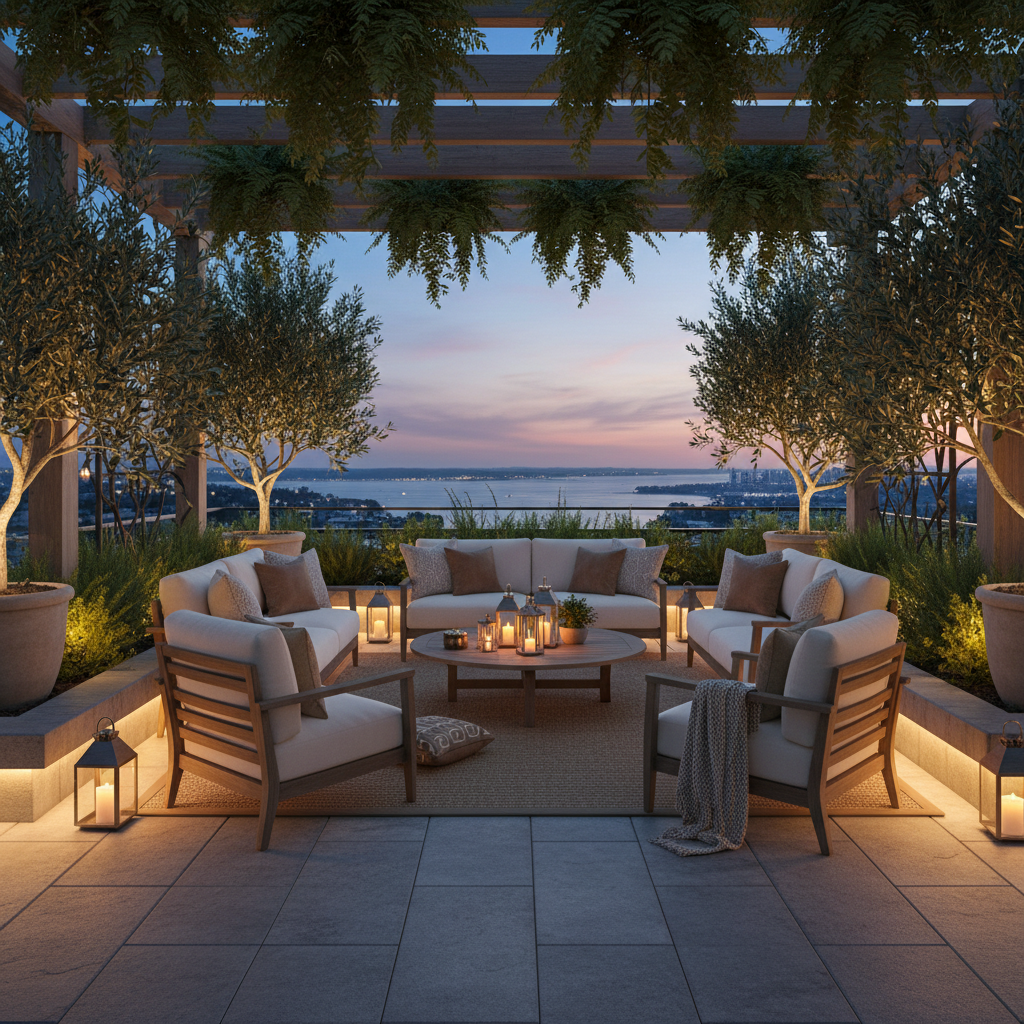 Konforlu mobilyalar ve bitkilerle dolu şık bir teras