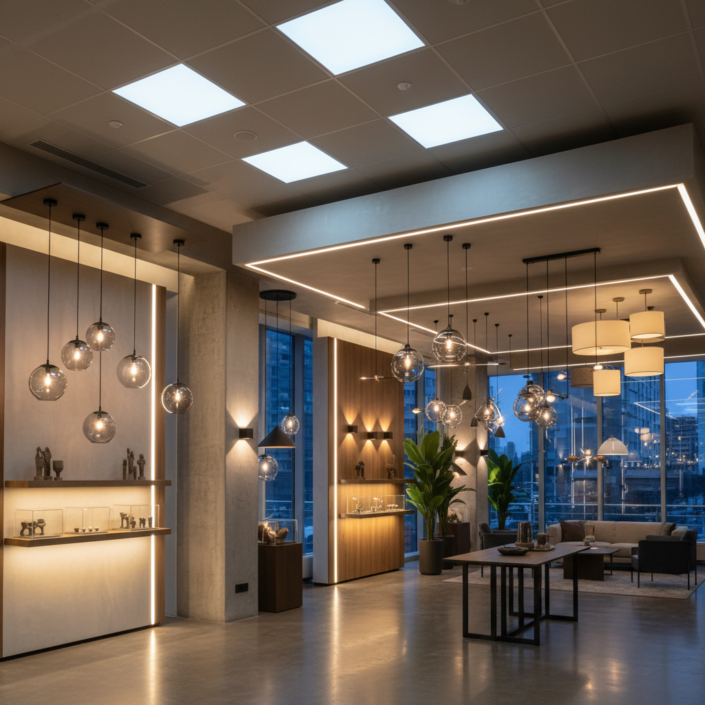 Ticari alanda modern aydınlatma örneği