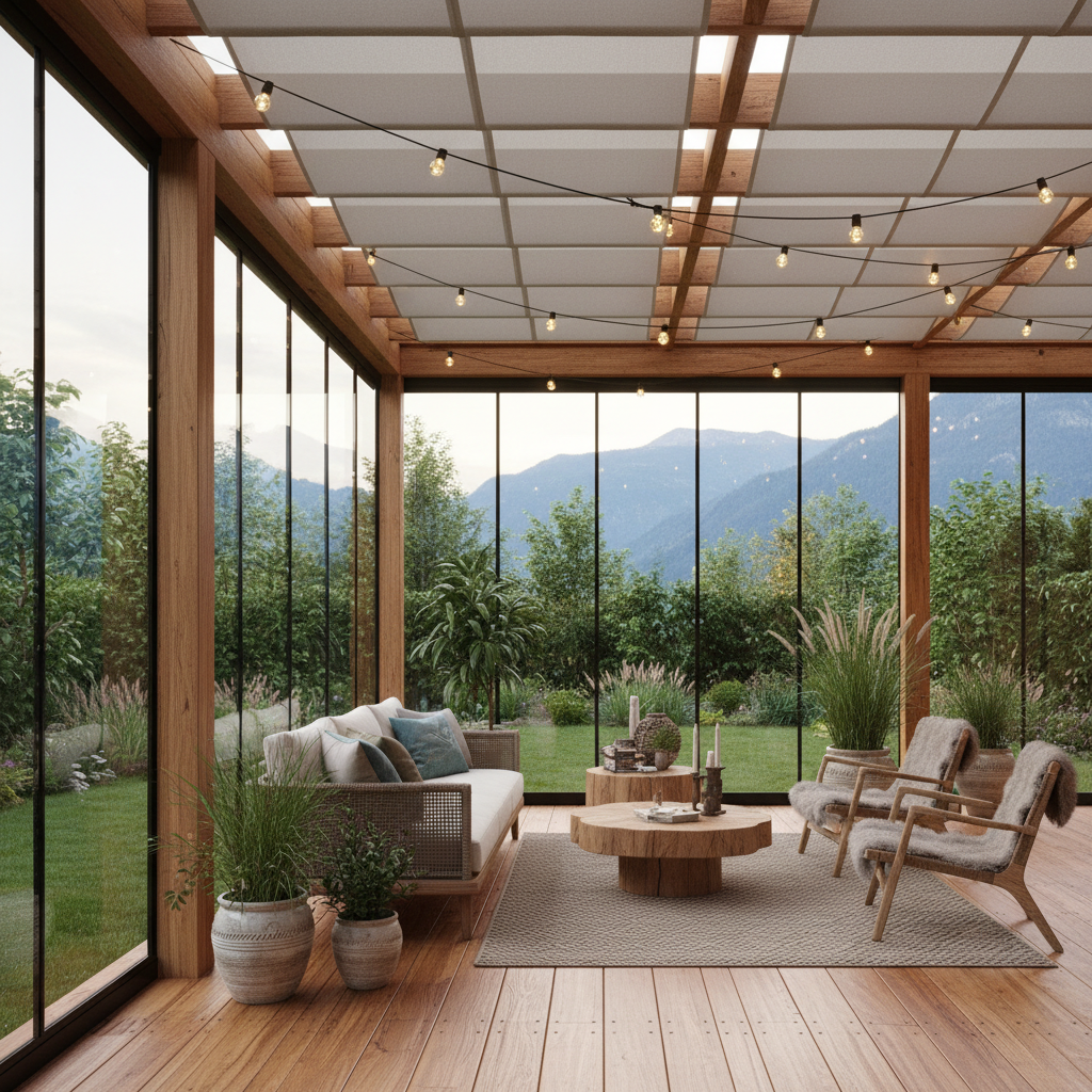 Modern cam panellerle kapalı veranda tasarımı