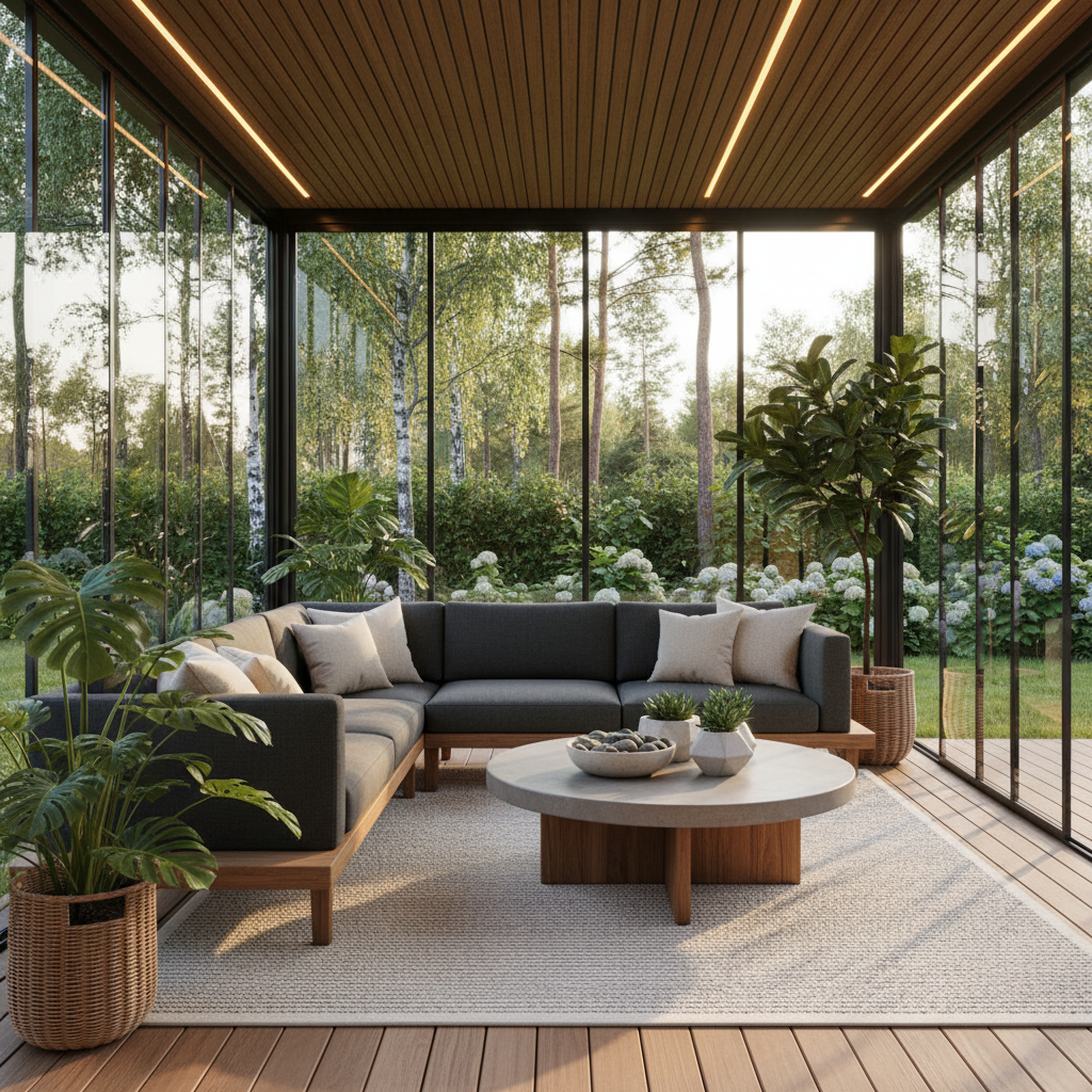 Cam panellerle kapatılmış modern veranda