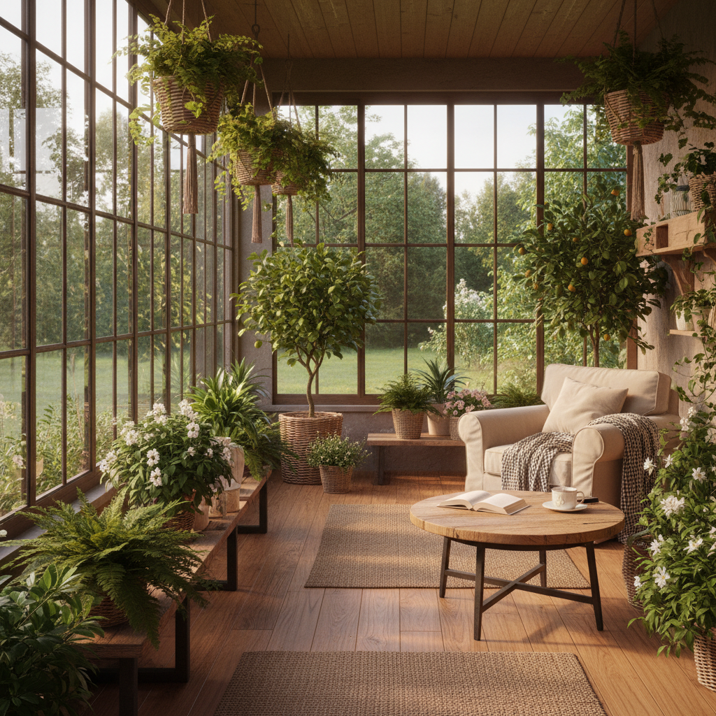 Kapalı veranda, ahşap zemin ve büyük cam pencereler ile doğal bitkilerle çevrili.