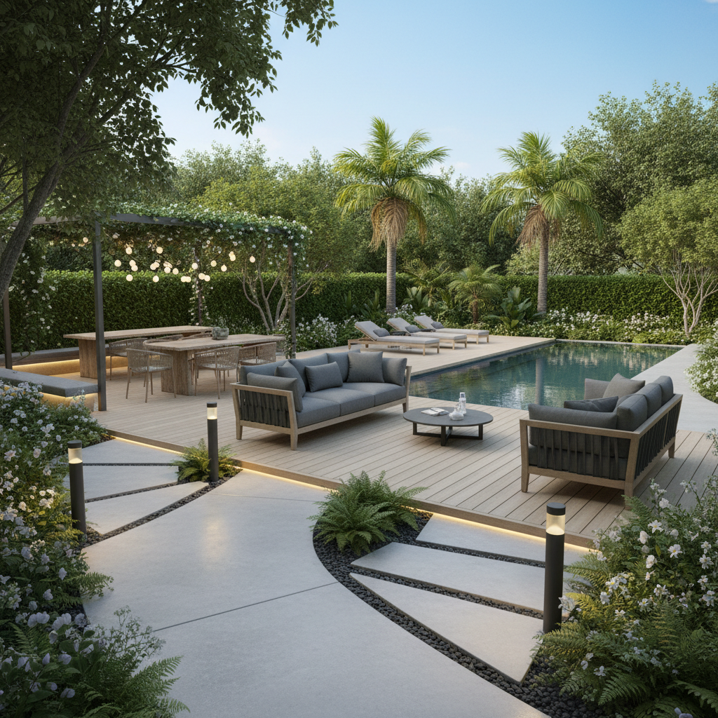 Şık bir villa bahçesi konsepti