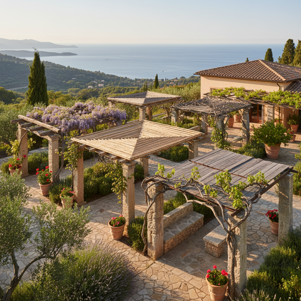 Farklı pergola modellerinin bulunduğu şık bir bahçe manzarası.