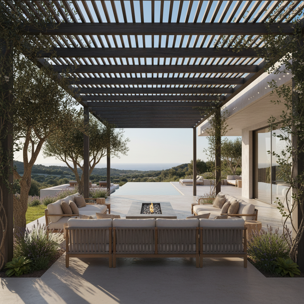 Şık bir pergola ile donatılmış huzurlu bir villa bahçesi.