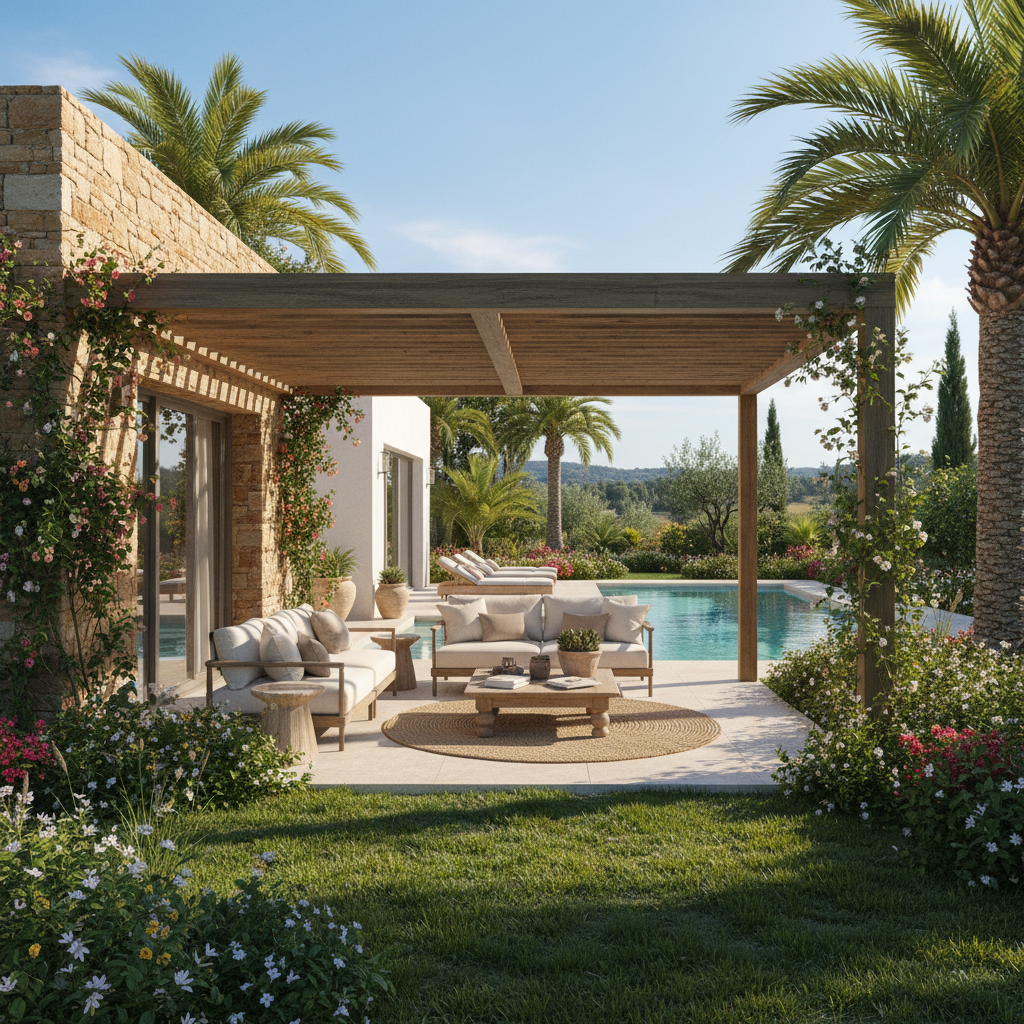 Şık bir villa bahçesinde modern bir pergola