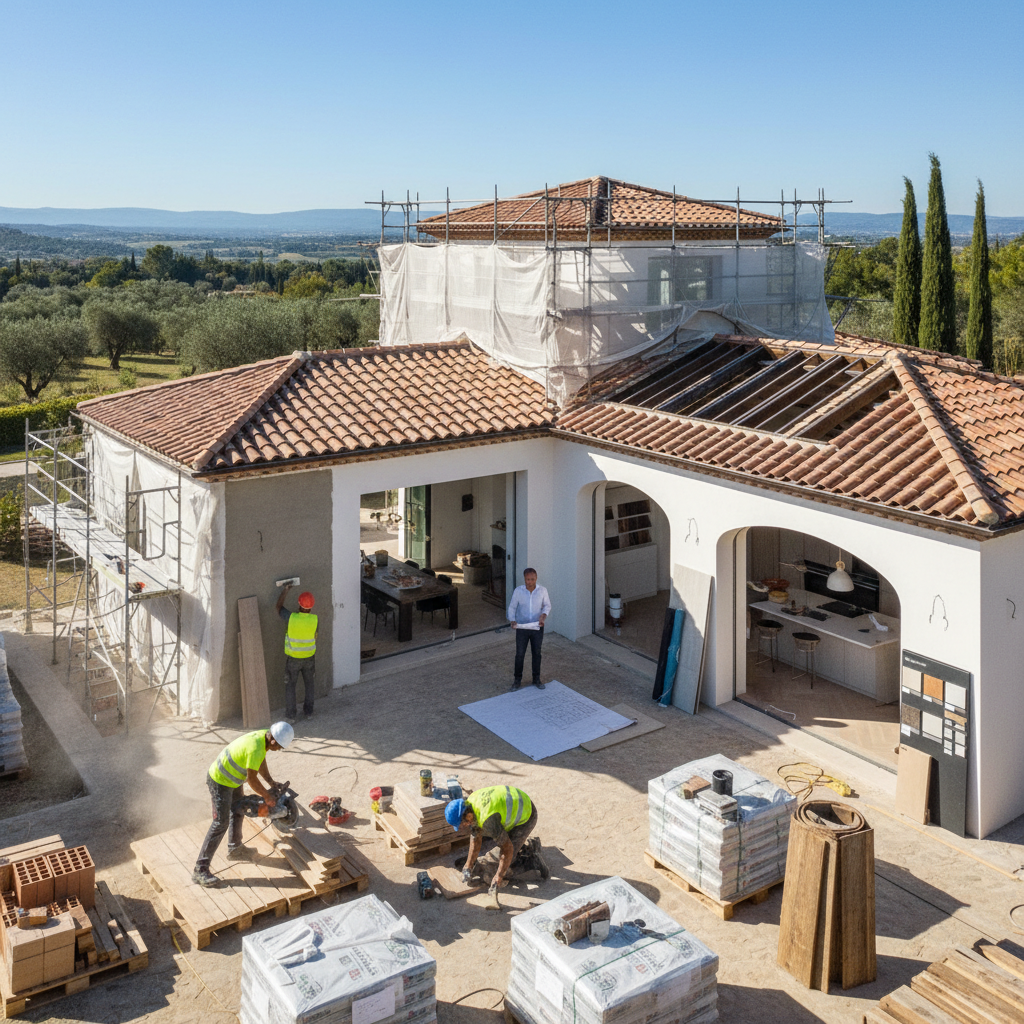 Bir villanın tadilat sürecini gösteren fotoğraf.