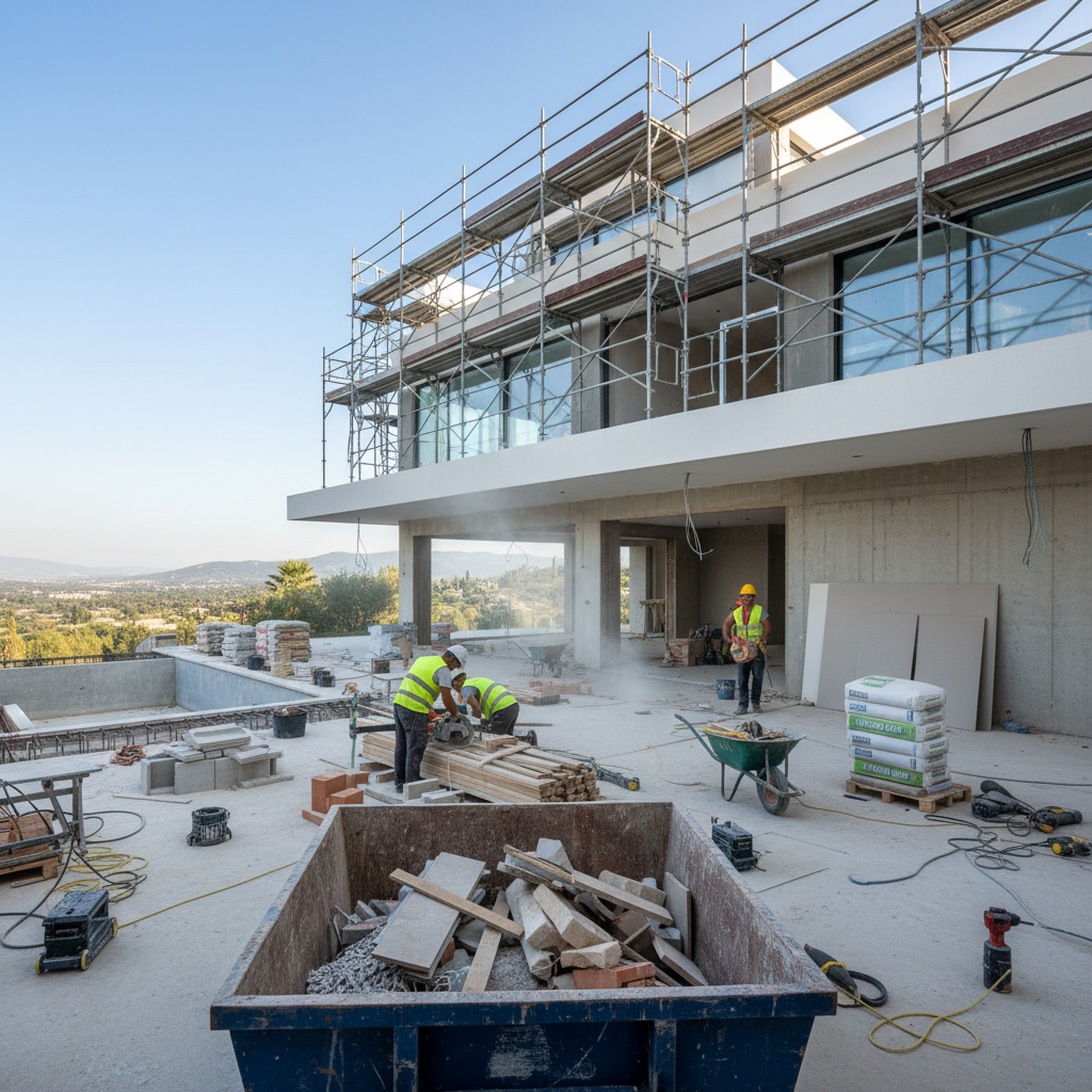 Modern villa tadilat sahnesi, inşaat çalışmaları