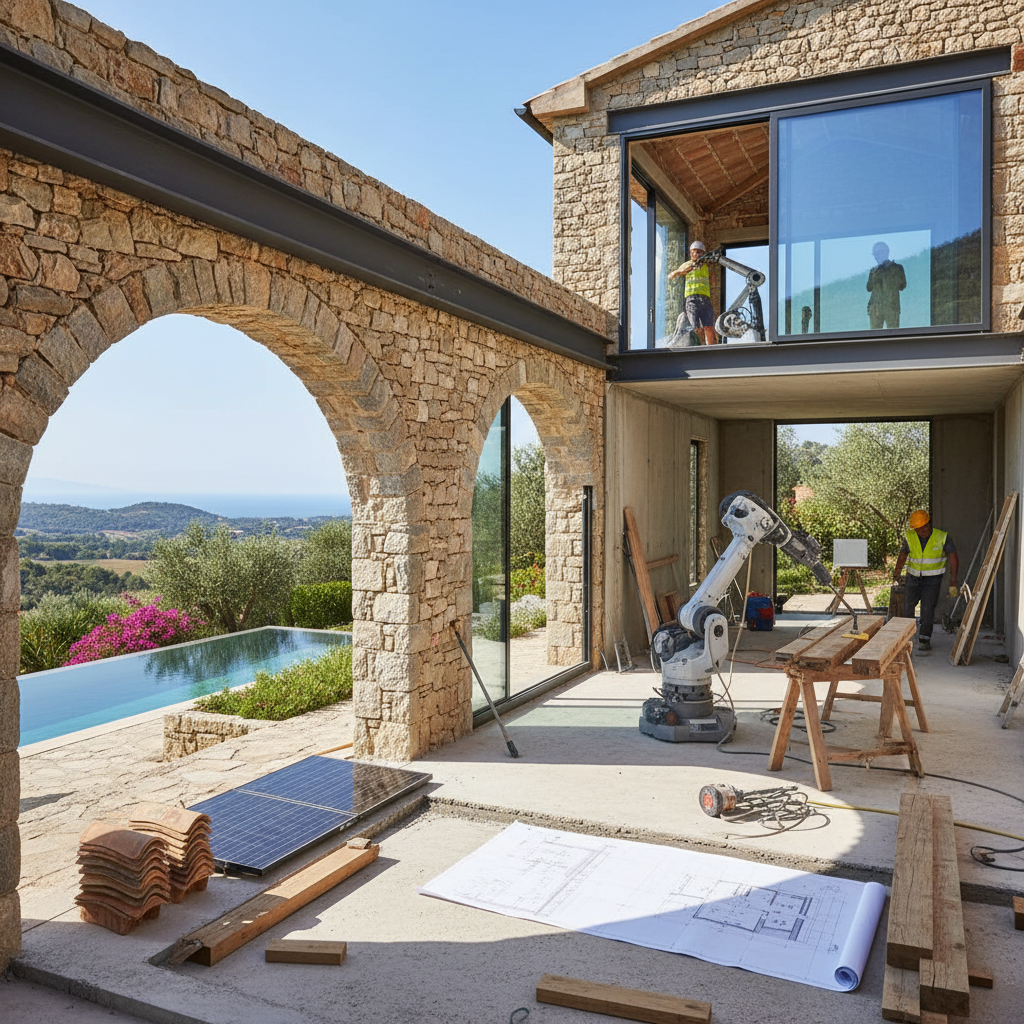 Modern villa tadilatı sahnesi, inşaat işçileri çalışıyor.