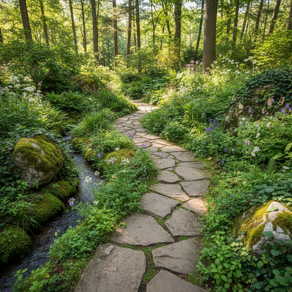 Doğal taşlarla oluşturulmuş güzel bir bahçe yürüyüş yolu